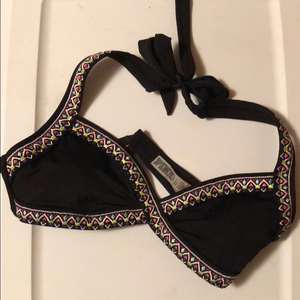 PINK Swim Top - Black and embroidered